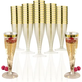 KELHOM Sektgläser Plastik - 50 Sektgläser Kunststoff 133ml Sektflöten mit Goldrand BPA Free - Elegante Flöten für Hochzeiten und Cocktailpartys - Wiederverwendbares Plastik Sektgläser