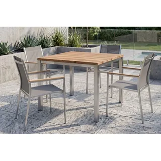 STERN Cardiff Garten-Essgruppe, silber/taupe, Edelstahl/recyceltes Teak, Tisch 90 x 90 cm, 4 Stapelsessel, FSC®-zertifiziertes Produkt