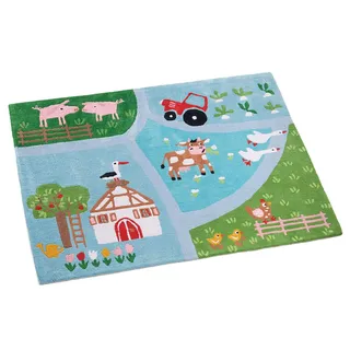 HANS NATUR Kinderteppich 100% Bio-Baumwolle (KBA) GOTS Zertifiziert, in Handarbeit hergestellt, Bauernhof, 130 x 100 cm