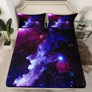 Loussiesd Kinder Jungen Mädchen Bettlaken Set 90 x 200 cm 3D Universum Galaxy Spannbetttuch mit 1 Kissenbezug 80x80 cm Lila Blau Sternenhimmel Drucken Spannbettlaken Mikrofaser