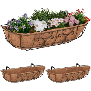 Relaxdays Blumenkasten Balkon, 3er Set, Balkonkasten zum Einhängen, Eisen & Kokosfaser, HBT 21 x 76 x 22 cm, braun/Natur
