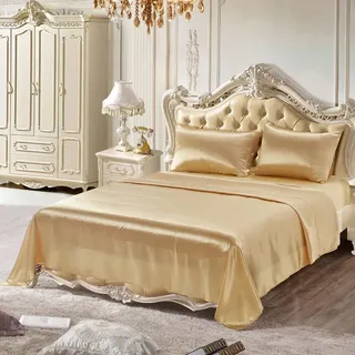 Lanqinglv Luxus Satin Spannbettlaken Bettlaken 200x200 cm bis 25-30 cm Steghöhe Boxspringbett Topper 110g/m2 Glatt Seide Glanzsatin Boxspringbett Spannbetttuch Leintuch,Gold,1 Stück