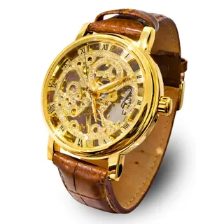 StellarLuma Automatikuhr Herren Automatikuhr Herrenuhr Goldfarbene Uhr Braun mit Uhrenbox StellarLuma Skeleton-Watch, (Set, Herren Automatik uhr inklusive Uhrenbox), Automatik Herrenuhr im Skelett-Design, inklusive hochwertiger Uhrenbox