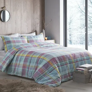 Appletree - Candy Gebürstete Baumwolle Plaid Bettbezug - Einzelbettgröße (140 x 200 cm) - Weiche Baumwolle - 1 Kissenbezug - Mehrfarbige Karo Bettbezug - Biber Tartan Bettwäsche in Pastellfarben