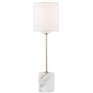Casa Padrino Luxus Tischleuchte Antik Messing / Weiß Ø 15,9 x H. 55,9 cm - Moderne runde Tischlampe mit Lampenschirm aus Kunstseide und Marmorsockel
