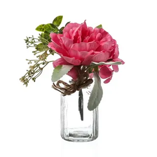 Kunstblumenstrauß Pfingstrose und Hortensie in Mini Glasvase Blumenvase Kunstblumen pink, MARELIDA, Höhe 20 cm rosa