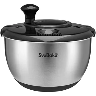 SveBake Salatschleuder Edelstahl 18/10, 4,5L Salad Spinner mit Deckel und Kurbelantrieb, Spülmaschinengeeignet, Große Edelstahlschüssel für Waschen Salat, Gemüse und Obst, Schwarz