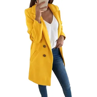 shownicer Damen Blazer Winter Mantel Elegant Warm Wintermantel Steppmantel Knopf Klassische Vintage Zweireihig Revers Schlack Slim Fit Trenchcoat mit Taschen Gelb L - L