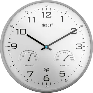 Mebus Funk-Wanduhr mit Thermometer/ Hygrometer, silber-grau - Weiß