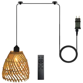 Hängelampe mit Stecker,Pendelleuchte mit Dimmbar Schalter & Fernbedienung | DIY Boho Rattan Lampenschirm Hängeleuchte mit 5M Kabel,Outdoor Lampe Hängend Esstischlampe für Schlafzimmer Wohnzimmer Küche