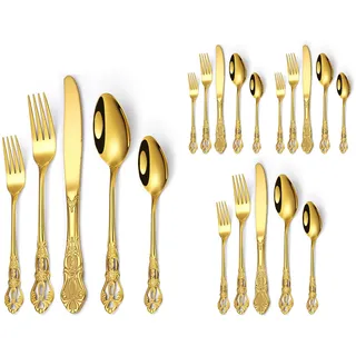Besteck Set,20-teilig Edelstahl Besteckset Essbesteck Set Service für 4 Personen,Handgriff mit Reliefdruck Tafelbesteck mit Messer Gabel Löffel, Hochglanzpoliert & Spülmaschinengeeignet (Gold)