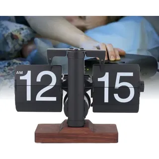 Klappbare Tischuhr 12h - Schwarzer Rahmen, Weiße Ziffern, Retro-automatik, Holzsockel (304 Edelstahl Pvc)