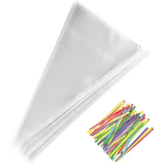 100 Stücke Spitztüten, 30x16cm Cone Tüten Süßigkeiten Tütchen Geschenktüten mit 100 Bindebänder für Süßigkeiten Schokolade Bonbons
