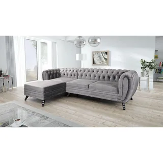 Edles Chesterfield Ecksofa Velours grau Couch Polstersofa Wohnlandschaft Sofa