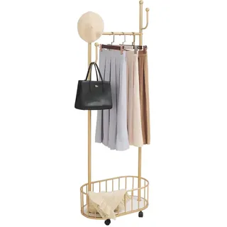 Cre Cra Kleiderständer auf Rollen - Kleiderstange mit 4 Haken, Garderobenständer mit Rollen, Metall, Gold, Klein, Eckgarderobe