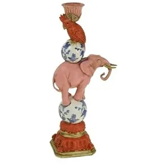 WERNS Design Kerzenhalter Vogel auf Elefant Pink-Blau-Weiß – Statement Kerzenleuchter, Deko, handbemalt, 30,5x13x9 cm (H/B/T)