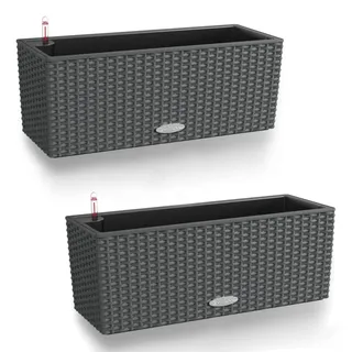 Lechuza 2er Set BALCONERA Cottage 50 Selbstbewässernder Pflanzkübel Kunststoff Innen und Außen Blume Rattan Optik Pflanzkübel und Fensterkasten mit Drainageloch H19 L50 B19 cm Granit