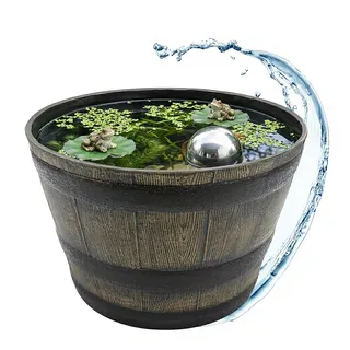 Spetebo Kunststoff Blumenkübel Eichenfass Optik braun - 39 cm | Mini Gartenteich Becken, Holz Wasserkübel Design, Miniteich Pflanzkübel, Wassertrog Zuber Bottich