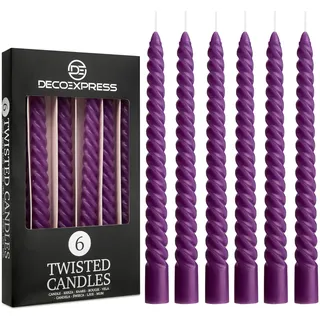 DECO EXPRESS Stabkerzen Set 3er oder 6er Tropffreie Stabkerzen Gedrehte Spiralkerzen Bunte Kerzen Brenndauer 6 Stunden Unparfümiert (Lila, 6er-Pack)