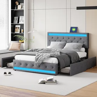 Bett 180x200 Mit Led-beleuchtung Und Usb-anschluss, Polsterbett Mit Höhenverstellbarem, Gepolstertem Kopfteil, Doppelbett Mit 4 Schubladen, Stauraumbett, Leinen, Grau (180x200 Cm)