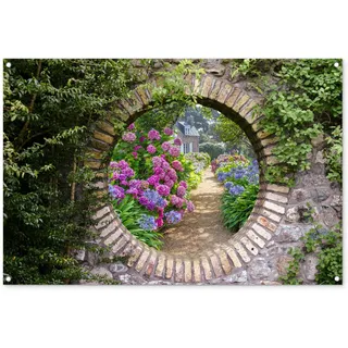 MuchoWow© Gartenposter Groß 120x80 cm XXL Outdoor Bilder Gartendeko für draußen Wetterfest Garten Deko Banner Draußen Bild Garden Decoration Fensterblick - Blumen - Hortensie - Sommer