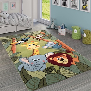 Paco Home Kinderzimmer Kinderteppich für Jungen mit Tier u. Dschungel Motiven Kurzflor, Grösse:140x200 cm, Farbe:Grün