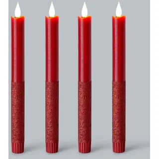 DbKW (11051 Rosenrot) 4er Glitzer Metallic LED Stabkerzen in Echtflammen-Optik Glitter, 6 Std. Timer, aus Echtwachs. Flackereffekt Tafelkerzen Kerzen
