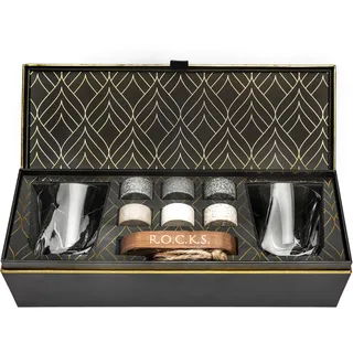 Whiskey Steine Geschenkset - 6 Handgefertigte Premium-Granitsteine, 2 außergewöhnliche Kristallgläser, Präsentations- und Aufbewahrungstablett aus Hartholz, Elegante Geschenkbox mit Goldfolie