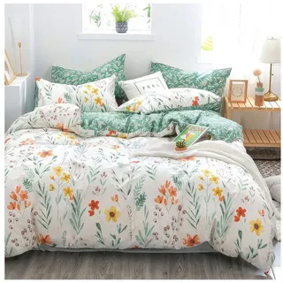 KEAYOO Bettwäsche Blumen, 4 teilig, Blumen Grün Baumwolle Bettwäsche mit Reißverschluss grün