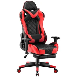 Mucola Gaming Chair Gamingstuhl 140kg Chefsessel 4fach verstellbare Armlehnen Fußstütze (Stück, 3 St), 4 fach verstellbare Armlehnen Fußstütze Nackenkissen rot