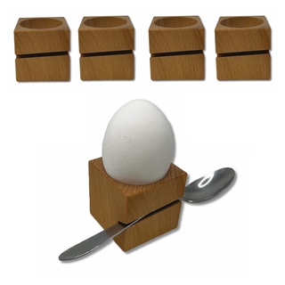 BUNBAN 4 Eierbecher aus Massivholz mit Löffelhalter modernes eckiges Design 4,5 x 4,5 x 4,5 cm (4 Stück) (Buche)