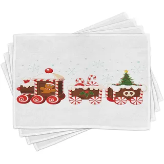 ABAKUHAUS Weihnachten Platzmatten, Lebkuchen-Zug, Waschbare Stoff Esszimmer Küche Tischdekorations Digitaldruck, Weiß Rot
