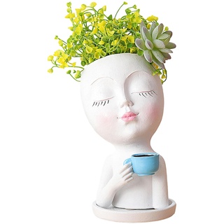 Gesichts-Pflanzgefäße, Kopf-Pflanzgefäß, lustiger Pflanzgefäß-Kopf aus Kunstharz mit Drainageloch, Kaktus-Sukkulenten-Pflanzgefäß, niedliche Gesichter, Blumentopf-Kunst, Mädchen-Gesichts-Blumentöpfe