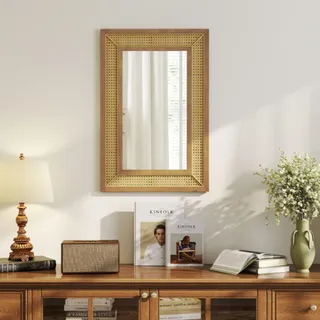 RELAX4LIFE Wandspiegel Rattan, dekorativer Spiegel mit Holzrahmen, Badspiegel aus Aluminiumglas, Boho Dekospiegel für Badezimmer, Eingang, Wohnzimmer, Schlafzimmer, Hängespiegel Natur (Rechteckig)