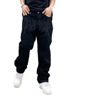 Modische Herren Baggy Printed Jeans Hip Hop Streetwear Y2K Skateboard Pants (L Schwarz)