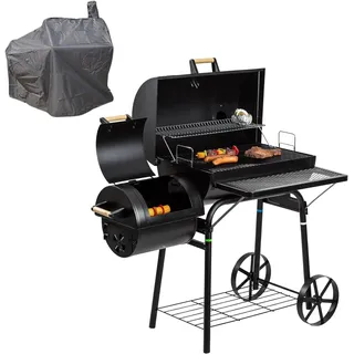 30Kg Smoker Grill mit Abdeckhaube, Holzkohlegrill BBQ Grillwagen Lokomotive, Stahl Schwarz, ca.125x55x120cm, Grillfläche ca.65x34cm, Feuerbox ca.35x32cm, Räuchergrill mit Thermometer & Rollen,Geschenk
