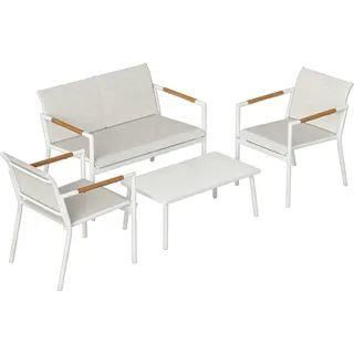 Outsunny Gartenmöbel Set Sitzgruppe für 4 Personen Atmungsaktiv Gartenlounge mit 2er Sofa 2 Sessel Metall-Tisch Fußpads, Wetterfest Outdoor Balkonmöbel Terrassenmöbel für Garten Balkon Cremeweiß   Aosom
