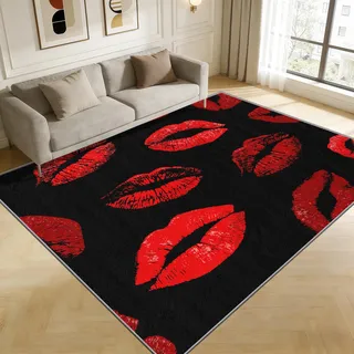 TerroVee Lippen Teppich, Sexy Rote Lippen Teppich Eingang, Valentinstag Kuss Lippenstift Kurzflor Waschbar Antirutsch Klein Teppiche, 50x80 cm, Schwarz Rot