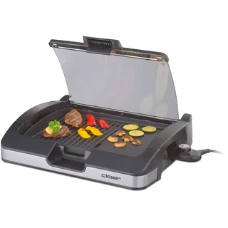 Cloer 6725 Barbecue-Grill, Tischgrill mit Glasdeckel, Antihaftbeschichtet, 2200 Watt, Grillfläche: 29 x 39 cm, silber/schwarz