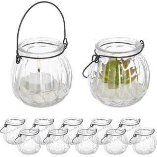 Relaxdays Windlicht Glas, 12er Set, Teelichthalter mit Henkel, H x D: 7,5 x 8 cm, rundes Kerzenglas, transparent