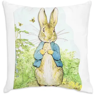 Fabulous Kissen aus weißem Samt – Petter Hase in seinem Garten, Motiv: Peter Hase, Kinder-Illustration – 40 x 40 cm – samtige Haptik – Bezug und Kissen inklusive