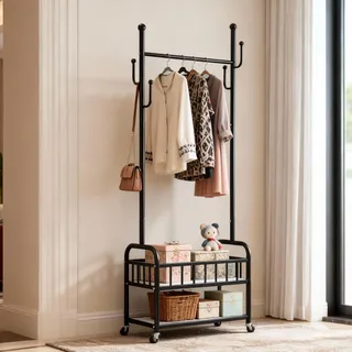 TAO ONE Kleiderständer Doppelkorb Rollen für Schlafzimmer Flur Schwarz | Stabiler Metallrahmen, mit Aufbewahrungskorb, 360° Rollen. Perfekt für Schlafzimmer, Flur, Wohnzimmer und kleine Räume