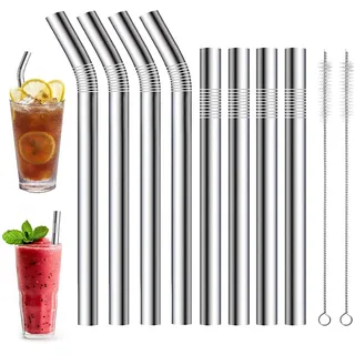 Sikweny 8 Stück Metall Strohhalm, Edelstahl Strohhalme mit 2 Reinigungsbürsten Edelstahl Trinkhalme 4 Gerade & 4 Gebogen Metallstrohhalme Wiederverwendbar Strohalm für Smoothies Milchshakes