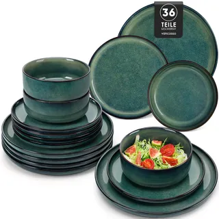 Geschirrset 12 Personen modern, vancasso STARRY 36-teiliges Steinzeug Geschirr Set, Teller Set, Kombiservice Set Grün, Tafelservice 12 Personen, Inklusive Speiseteller, Dessertteller und Müslischalen