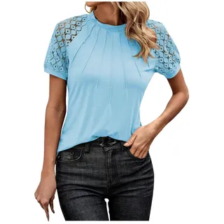 Spitzenshirt Damen Rundhalsausschnitt Kurzarm Elegant Spitze Oberteile T Shirts Cropped Tee Basic Crop Tops Bluse Tunika Slim Fit Damen Y2K Sommer Casual Bluse Aesthetic