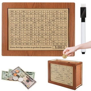 Spardose Holz, Mezzar Sparbox Money Box mit Marker Zahlen Ankreuzen für 500 1000 2000 5000 Euro Scheine, Erwachsene und Kinder Geldbox