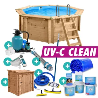 Holzpool Rund Komplettset Massivholz Pool inkl UV-C Klärer Sandfilter Bodensauge
