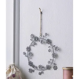 Dekohänger Blütenkranz aus Metall, grau, weiß gekalkt, Ø 24 cm, Dekokranz, Türkranz, Metallkranz, Blütenkranz, Wandkranz