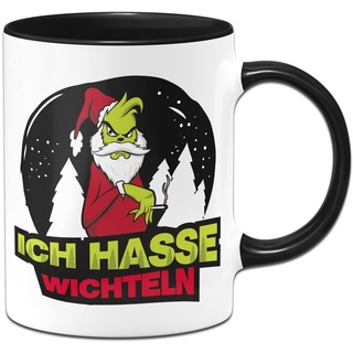 Tassenbrennerei Grinch Tasse mit Spruch: Ich hasse wichteln - Weihnachtstasse - Wichtelgeschenk zum wichteln (Schwarz)