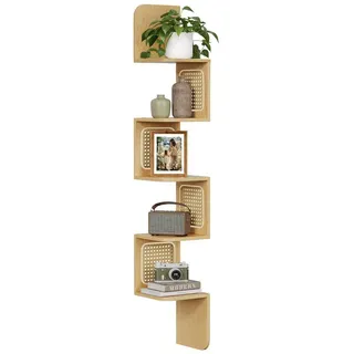 VASAGLE Eckregal Wandregal 5 Ebenen, Schweberegal, Regal Wandmontage, Zickzack-Form, PVC-Rattan-Seitenplatten, Boho-Stil beige|gelb